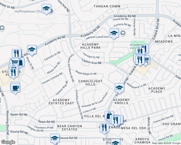 map of restaurants, bars, coffee shops, grocery stores, and more near 9412 Layton Court Northeast in Albuquerque