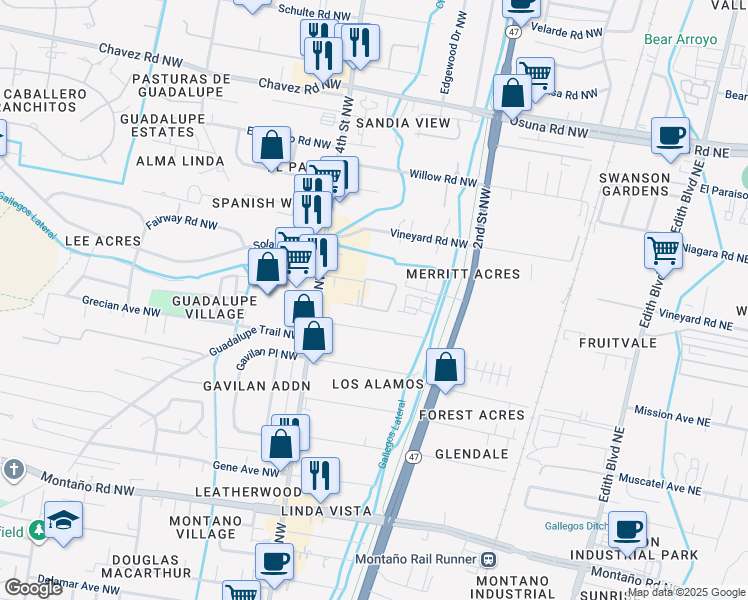 map of restaurants, bars, coffee shops, grocery stores, and more near 6134 4th Street Northwest in Albuquerque