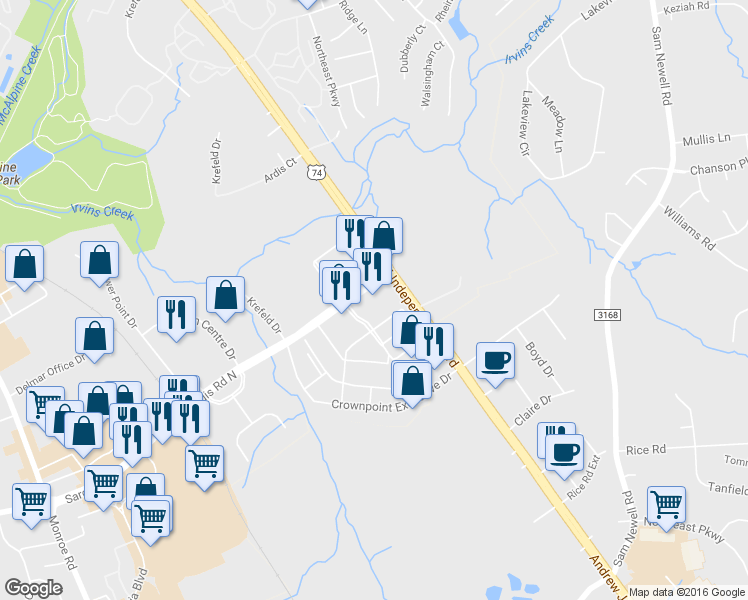 map of restaurants, bars, coffee shops, grocery stores, and more near 2530 Sardis Road North in Charlotte