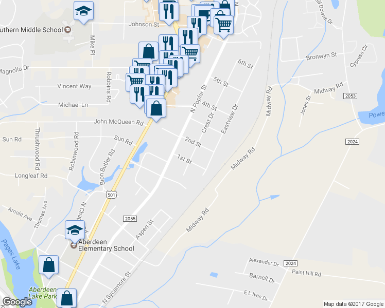 map of restaurants, bars, coffee shops, grocery stores, and more near 1309 Crest Drive in Aberdeen