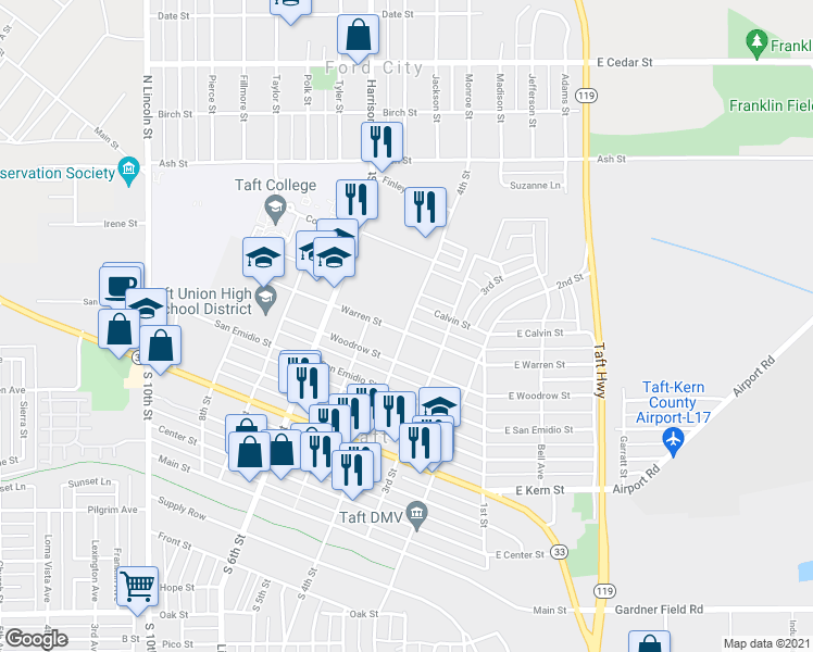 map of restaurants, bars, coffee shops, grocery stores, and more near 821 4th Street in Taft