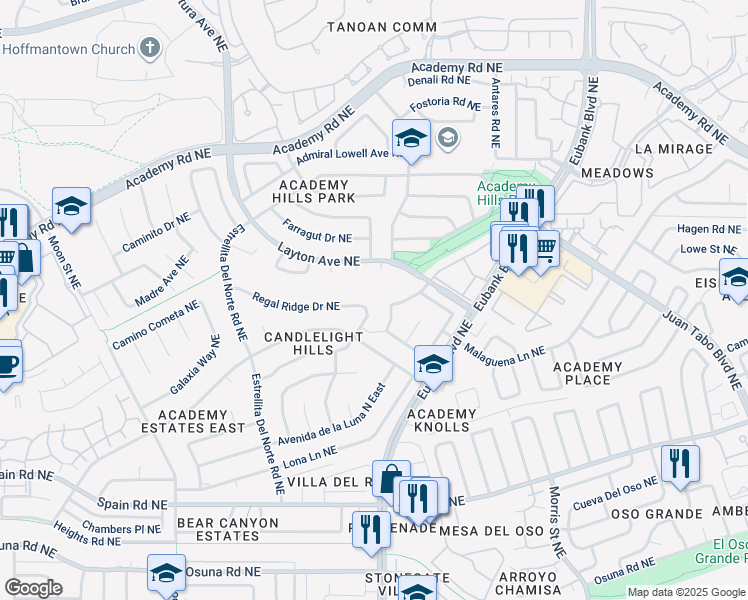 map of restaurants, bars, coffee shops, grocery stores, and more near 5605 Amigo Way Northeast in Albuquerque