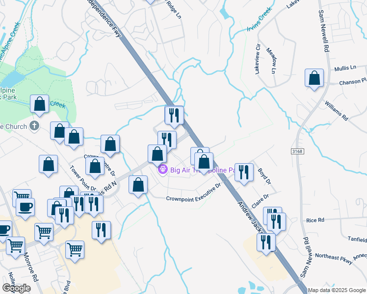 map of restaurants, bars, coffee shops, grocery stores, and more near 2530 Sardis Road North in Charlotte