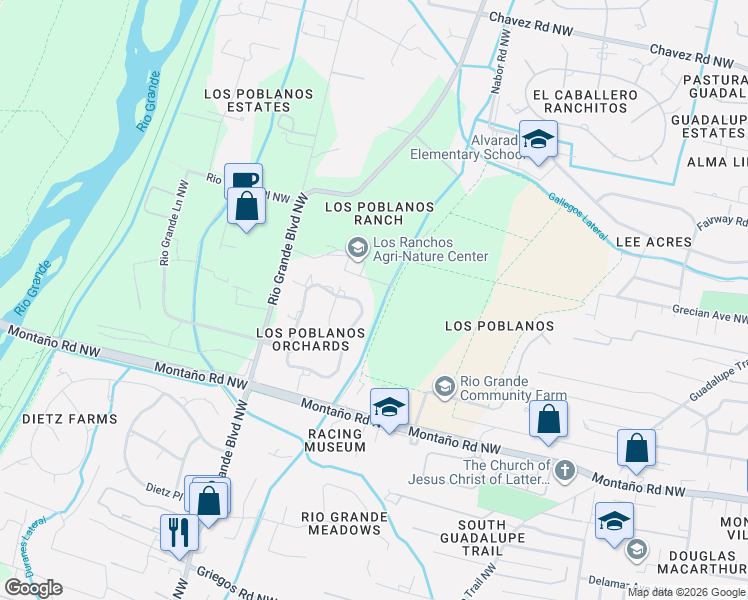 map of restaurants, bars, coffee shops, grocery stores, and more near 4642 Los Poblanos Circle Northwest in Los Ranchos de Albuquerque
