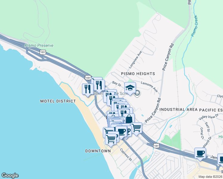 map of restaurants, bars, coffee shops, grocery stores, and more near 551 Harloe Avenue in Pismo Beach
