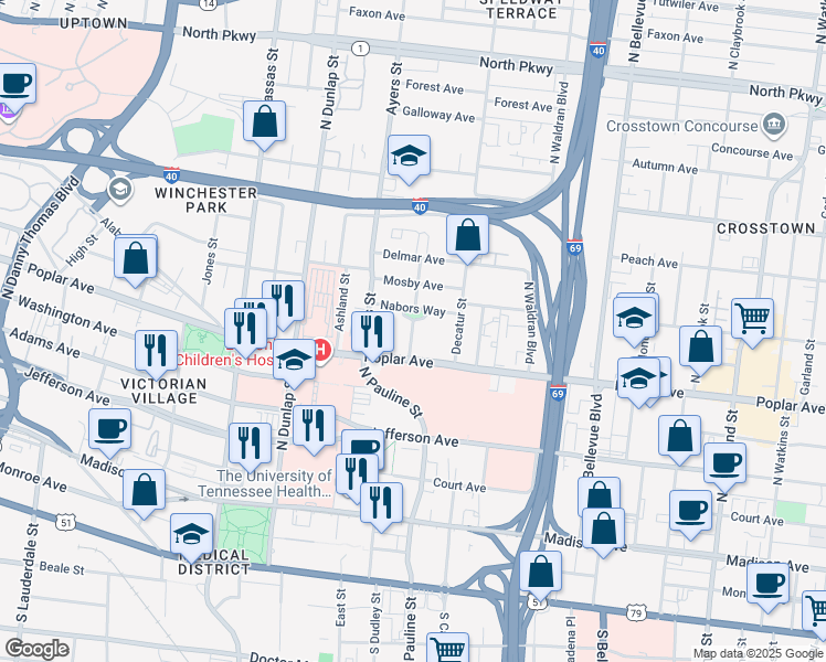 map of restaurants, bars, coffee shops, grocery stores, and more near 198 North Pauline Street in Memphis