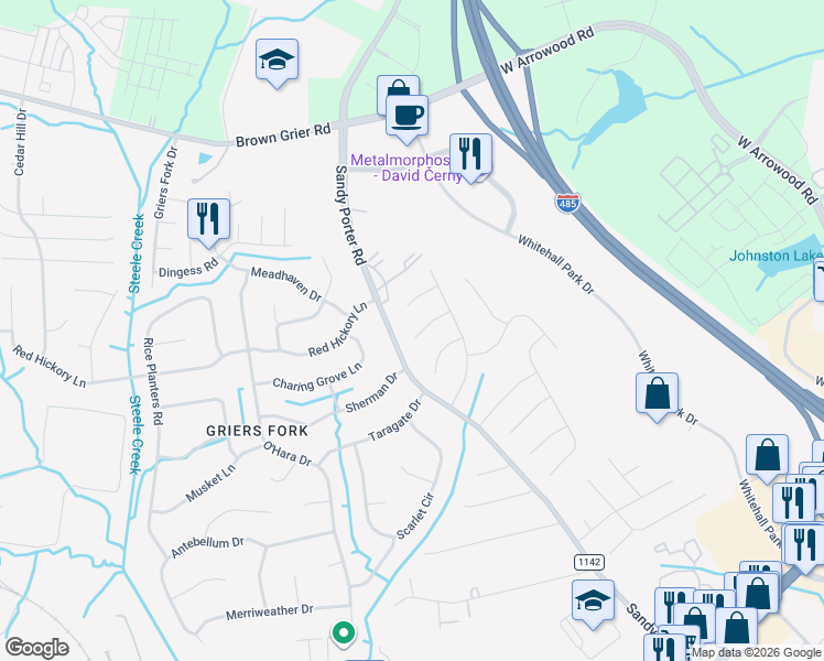 map of restaurants, bars, coffee shops, grocery stores, and more near 3226 Silver Spur Court in Charlotte