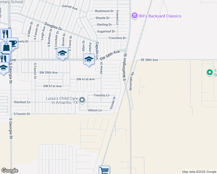 map of restaurants, bars, coffee shops, grocery stores, and more near 1414 Southwest 62nd Avenue in Amarillo