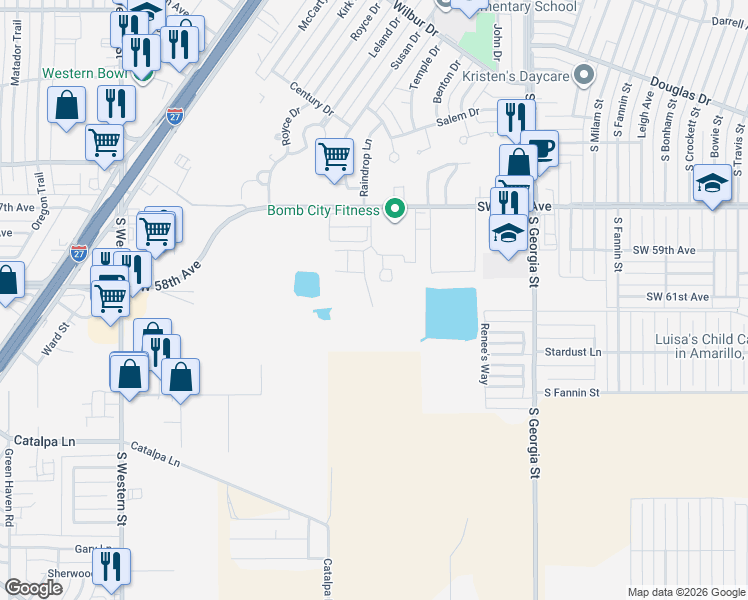 map of restaurants, bars, coffee shops, grocery stores, and more near 5901 Ray Street in Amarillo