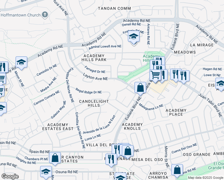 map of restaurants, bars, coffee shops, grocery stores, and more near 5605 Amigo Way Northeast in Albuquerque