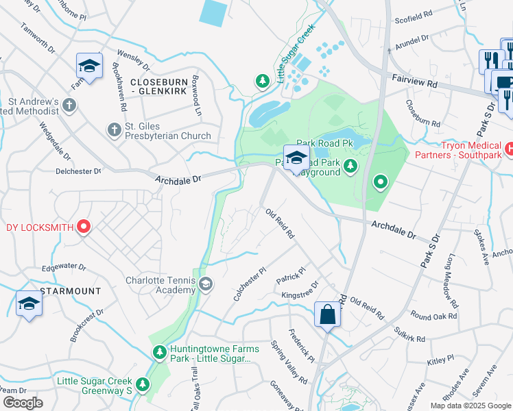map of restaurants, bars, coffee shops, grocery stores, and more near 6501 Old Reid Road in Charlotte