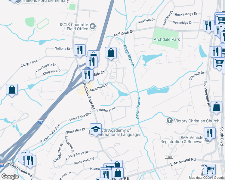 map of restaurants, bars, coffee shops, grocery stores, and more near 719 Farmhurst Drive in Charlotte