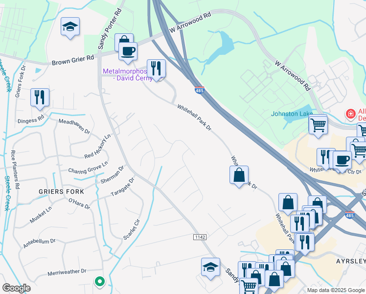 map of restaurants, bars, coffee shops, grocery stores, and more near 3020 Morning Mist Lane in Charlotte