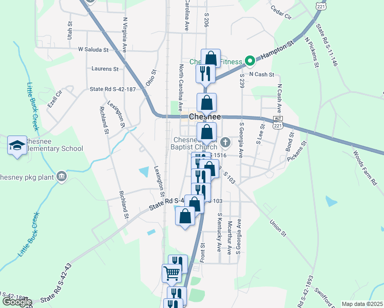 map of restaurants, bars, coffee shops, grocery stores, and more near 220 South Alabama Avenue in Chesnee
