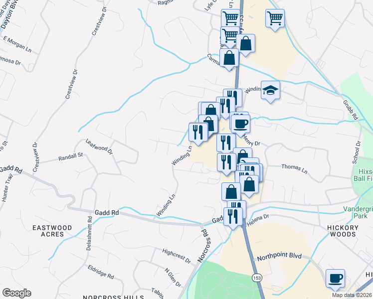 map of restaurants, bars, coffee shops, grocery stores, and more near 913 Winding Hills Lane in Chattanooga