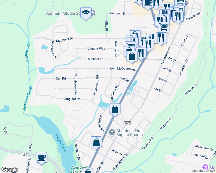 map of restaurants, bars, coffee shops, grocery stores, and more near 800 Mc Cain Road in Aberdeen