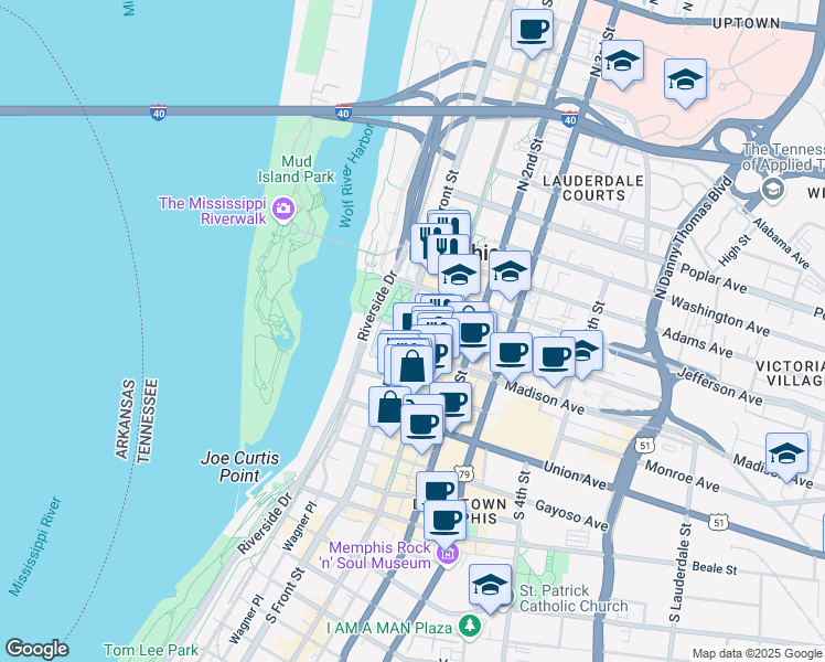map of restaurants, bars, coffee shops, grocery stores, and more near 56 Court Avenue in Memphis