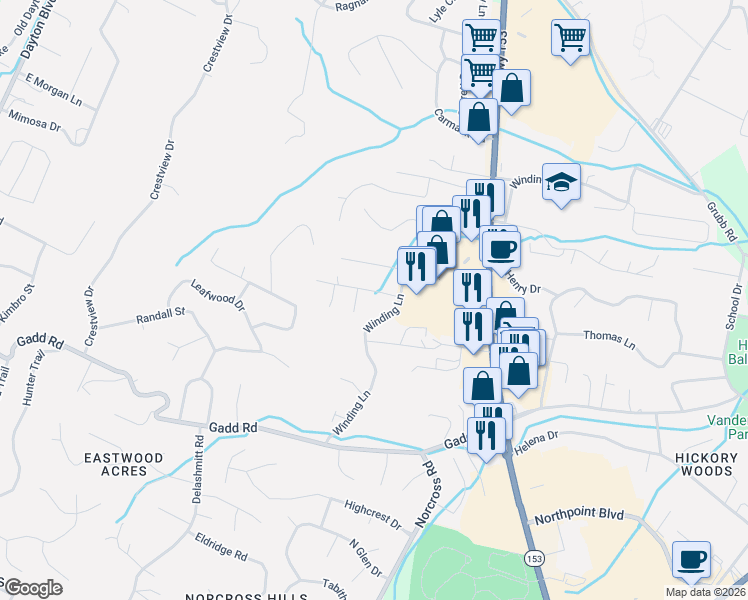 map of restaurants, bars, coffee shops, grocery stores, and more near 913 Winding Hills Lane in Chattanooga