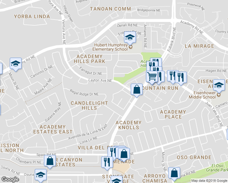 map of restaurants, bars, coffee shops, grocery stores, and more near 5605 Amigo Way Northeast in Albuquerque