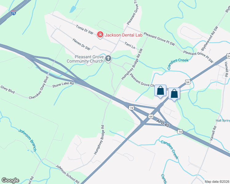 map of restaurants, bars, coffee shops, grocery stores, and more near 2572 Humphrey Bridge Road Southwest in Cleveland