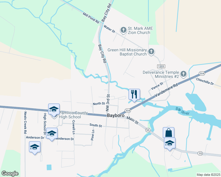 map of restaurants, bars, coffee shops, grocery stores, and more near 305 Northwest 3rd Street in Bayboro