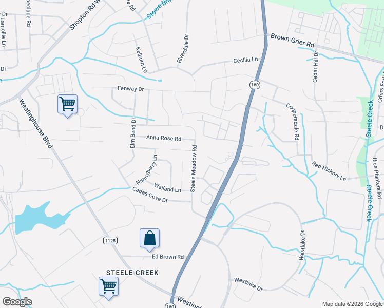 map of restaurants, bars, coffee shops, grocery stores, and more near 9806 Steele Meadow Road in Charlotte
