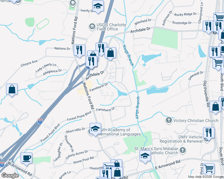 map of restaurants, bars, coffee shops, grocery stores, and more near 825 Farmhurst Drive in Charlotte