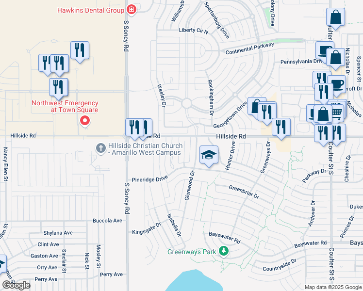 map of restaurants, bars, coffee shops, grocery stores, and more near 6001 Tuscany Village in Amarillo