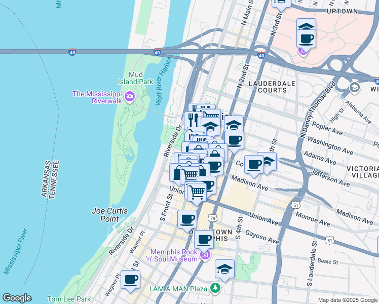 map of restaurants, bars, coffee shops, grocery stores, and more near 22 North Front Street in Memphis