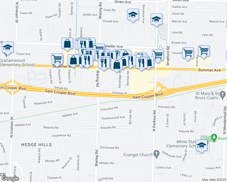 map of restaurants, bars, coffee shops, grocery stores, and more near 542 Read Street in Memphis