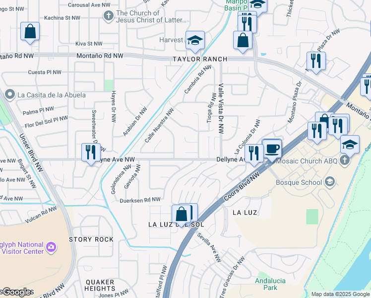 map of restaurants, bars, coffee shops, grocery stores, and more near 5317 Calle Serena Northwest in Albuquerque