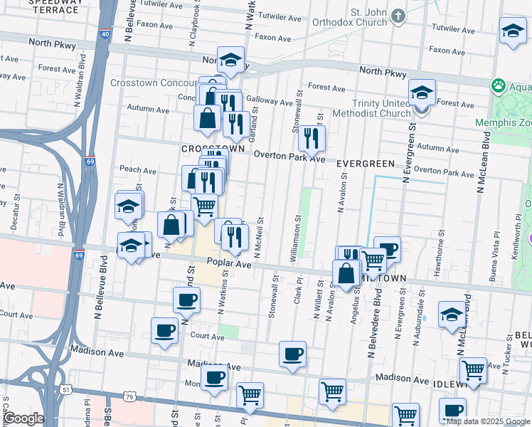 map of restaurants, bars, coffee shops, grocery stores, and more near 291 Stonewall Street in Memphis
