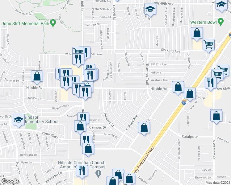 map of restaurants, bars, coffee shops, grocery stores, and more near 6002 Dartmouth Street in Amarillo