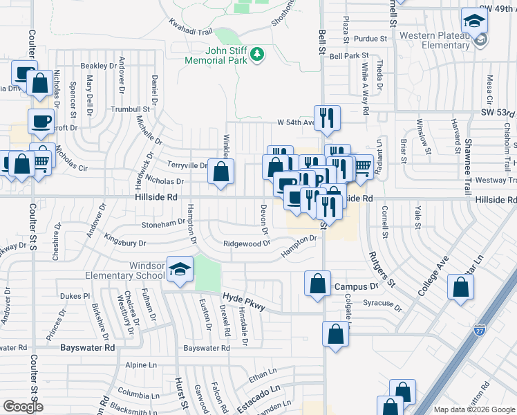 map of restaurants, bars, coffee shops, grocery stores, and more near 6001 Devon Drive in Amarillo