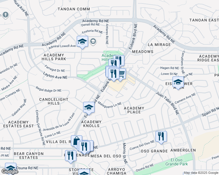 map of restaurants, bars, coffee shops, grocery stores, and more near 5800 Eubank Boulevard Northeast in Albuquerque