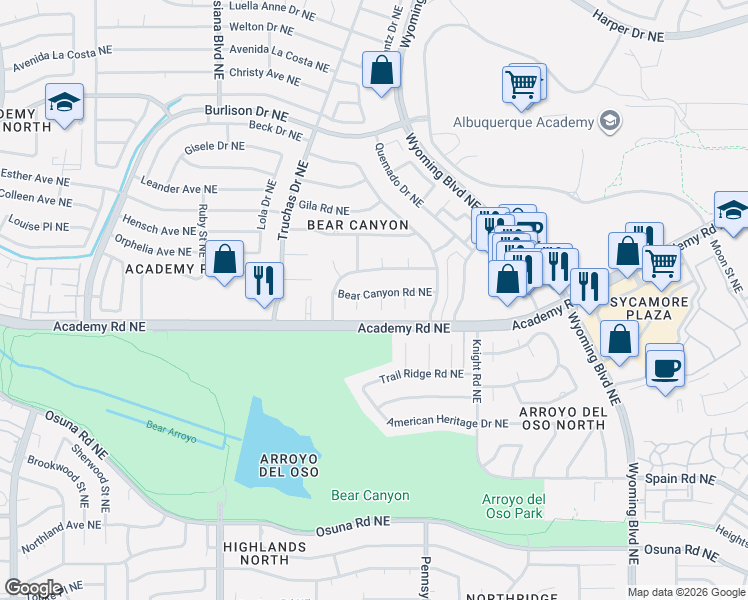 map of restaurants, bars, coffee shops, grocery stores, and more near 7526 Bear Canyon Road Northeast in Albuquerque