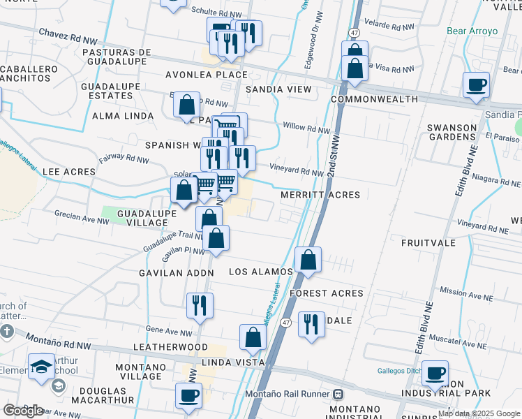 map of restaurants, bars, coffee shops, grocery stores, and more near 6134 4th Street Northwest in Albuquerque