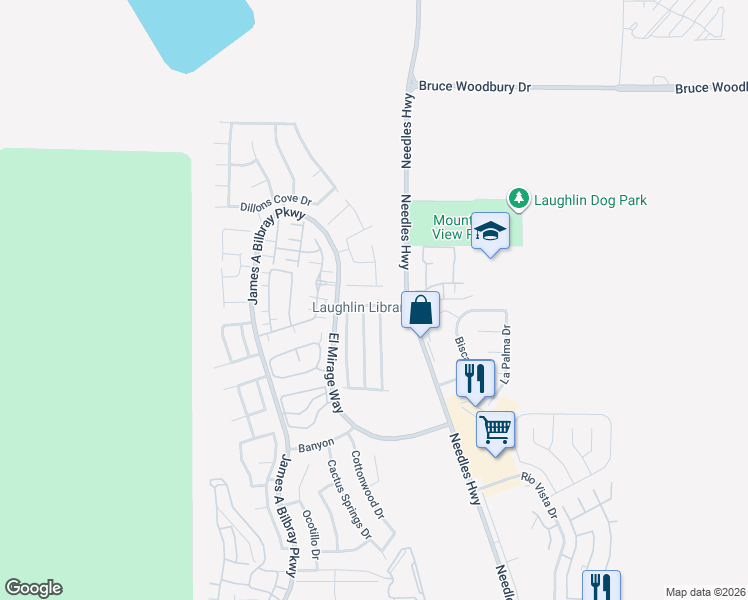 map of restaurants, bars, coffee shops, grocery stores, and more near 2041 Hunt Woods Court in Laughlin