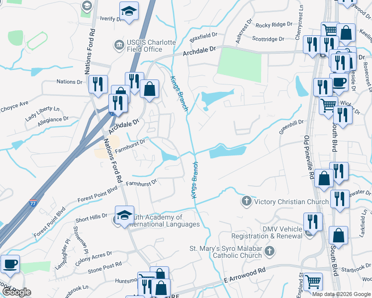 map of restaurants, bars, coffee shops, grocery stores, and more near 702 Farmhurst Drive in Charlotte