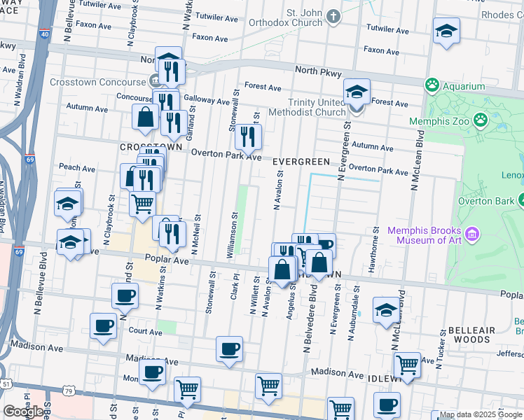 map of restaurants, bars, coffee shops, grocery stores, and more near 306 North Willett Street in Memphis