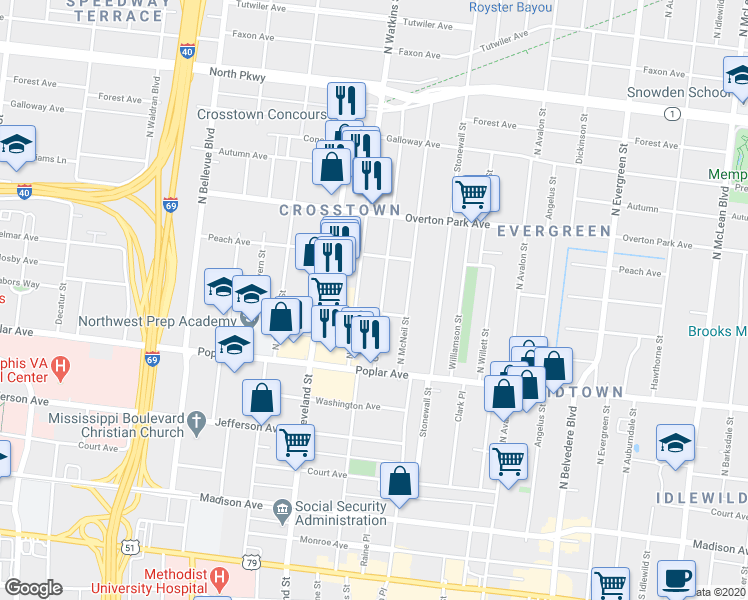 map of restaurants, bars, coffee shops, grocery stores, and more near 288 North Watkins Street in Memphis