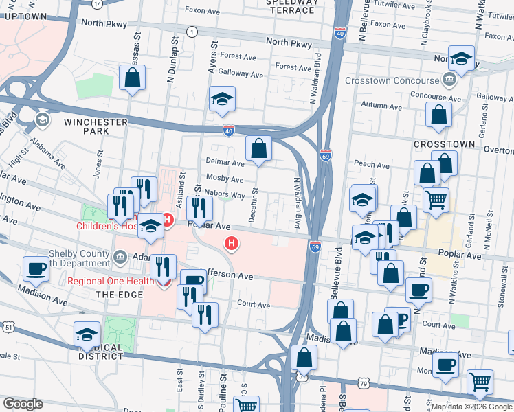 map of restaurants, bars, coffee shops, grocery stores, and more near 247 Cochran Place in Memphis