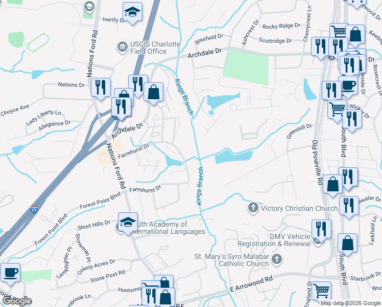 map of restaurants, bars, coffee shops, grocery stores, and more near 702 Farmhurst Drive in Charlotte