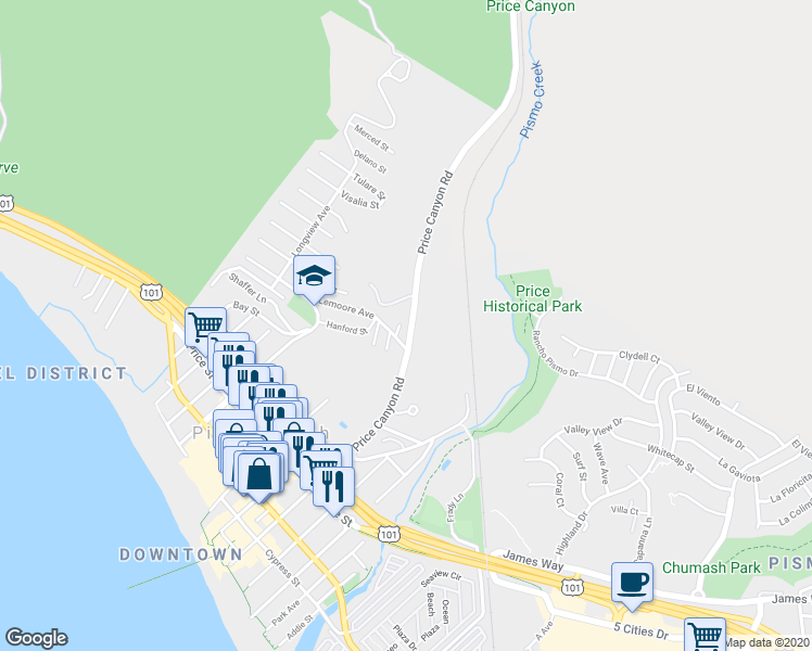map of restaurants, bars, coffee shops, grocery stores, and more near 731 Price Canyon Road in Pismo Beach