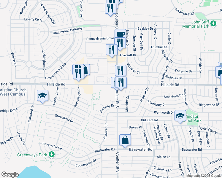 map of restaurants, bars, coffee shops, grocery stores, and more near 7301 Hillside Road in Amarillo