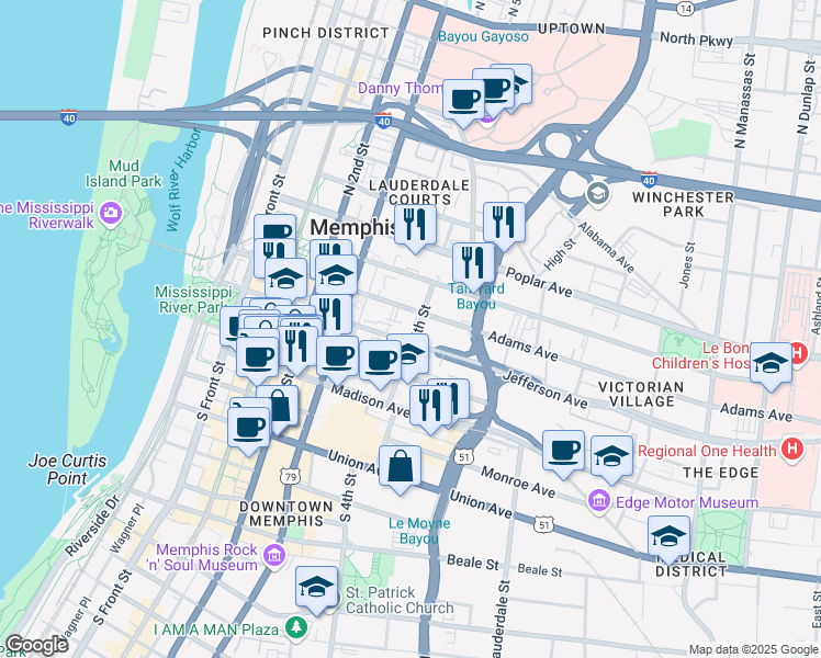 map of restaurants, bars, coffee shops, grocery stores, and more near 85 North 4th Street in Memphis