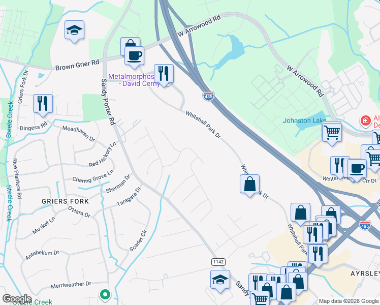 map of restaurants, bars, coffee shops, grocery stores, and more near 3020 Morning Mist Lane in Charlotte