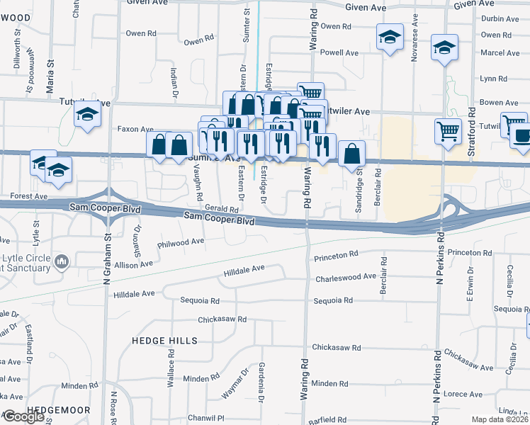 map of restaurants, bars, coffee shops, grocery stores, and more near 591 Estridge Drive in Memphis