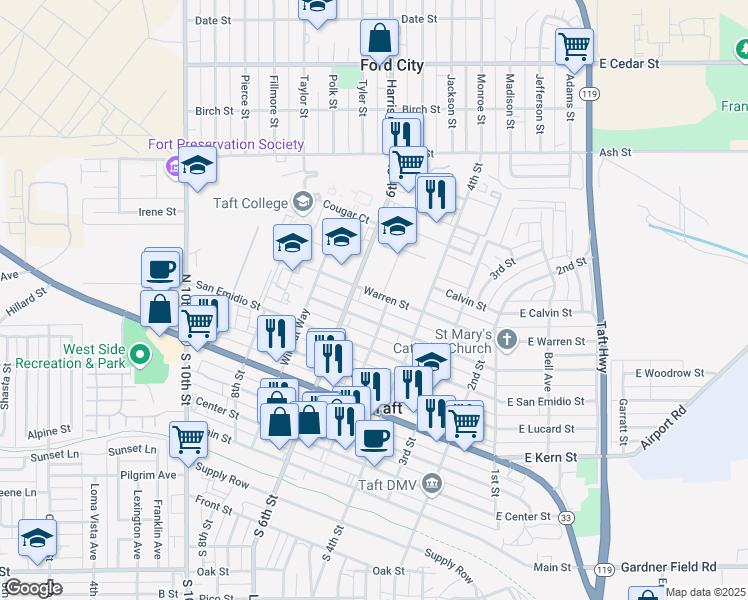 map of restaurants, bars, coffee shops, grocery stores, and more near 511 Warren Street in Taft