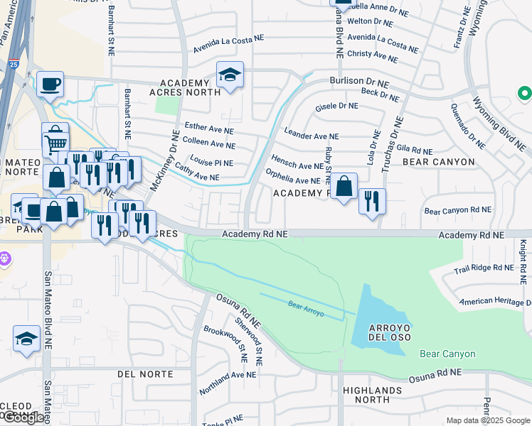 map of restaurants, bars, coffee shops, grocery stores, and more near 5824 Elmwood Drive Northeast in Albuquerque